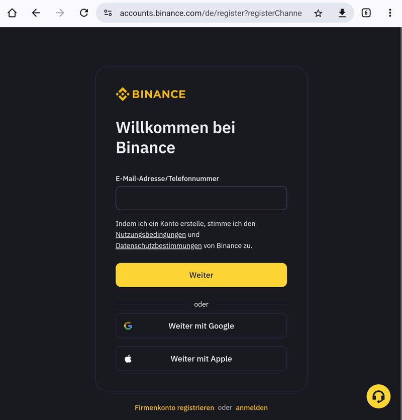 Binance Registrierung 2